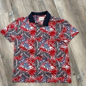 Goodfellow & Co Red, Navy & Blue Tropical Leaf Polo